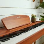 a piano with a plant on the side